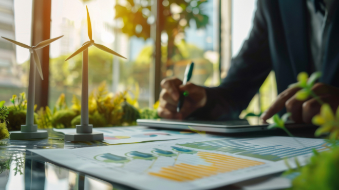 Desk with wind turbine models, plants, and charts, presented in the context of sustainable planning and analysis.