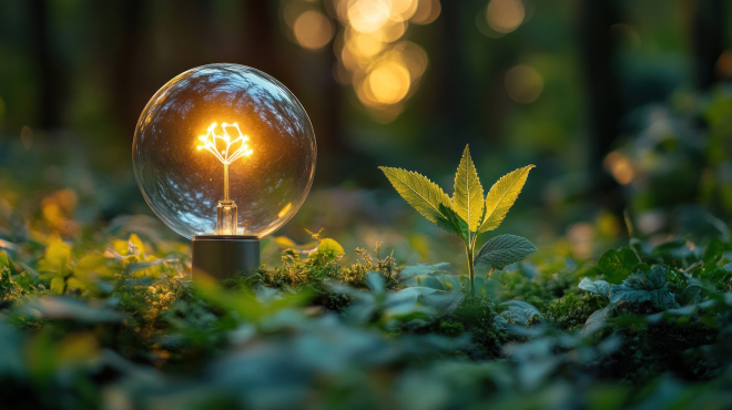 Light bulb with a glowing tree structure inside, nestled in a forest setting with plants and soft light, symbolizing sustainable energy and connection to nature.