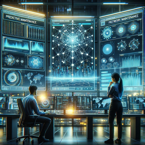 Two professionals examine different types of real-time incoming data on a gigantic computer.