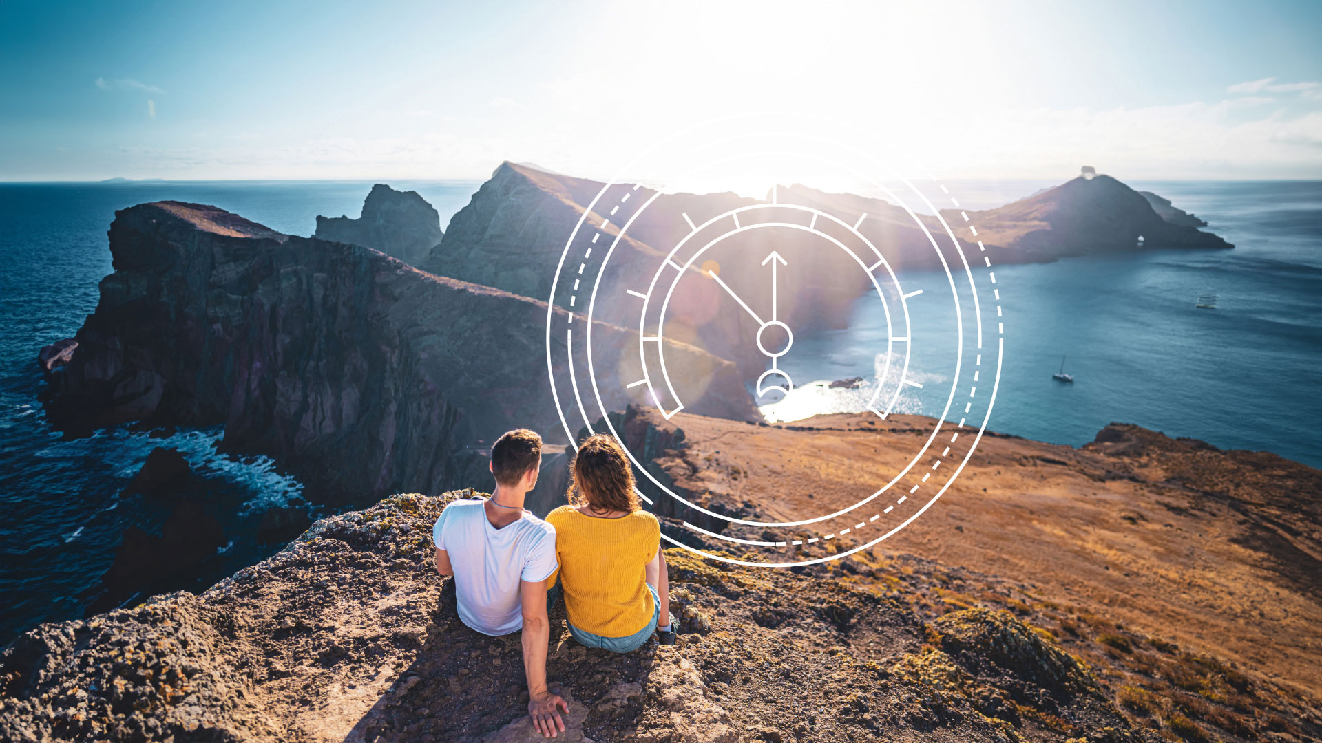 Travelling couple sitting on a cliff with a graphic barometer above them.